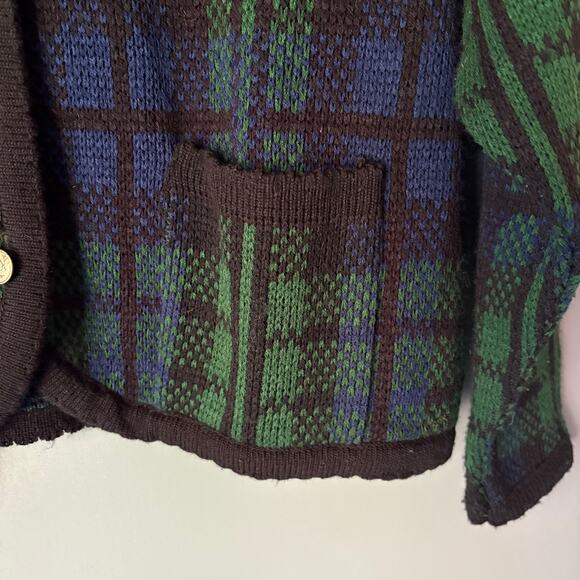 Vintage TALLY HO Women's Med Green Blue Plaid Tartan Wool Blend Cardigan Preppy - Picture 10 of 11